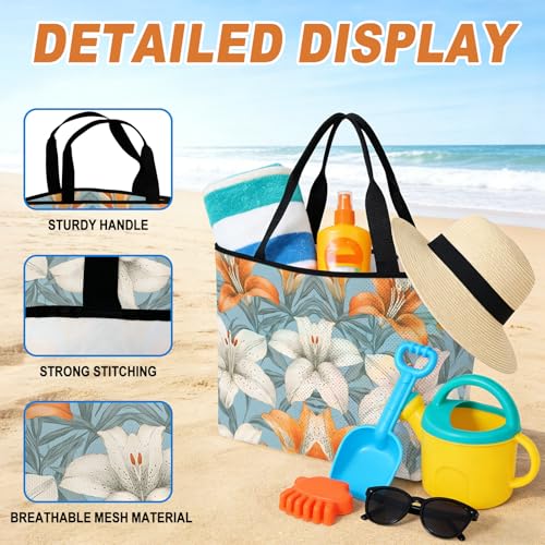 Lily Flower Mesh Beach Bag, White Orange Blooms Floral Watercolor Blue Large Tote Bag for Swim Pool Beach Travel