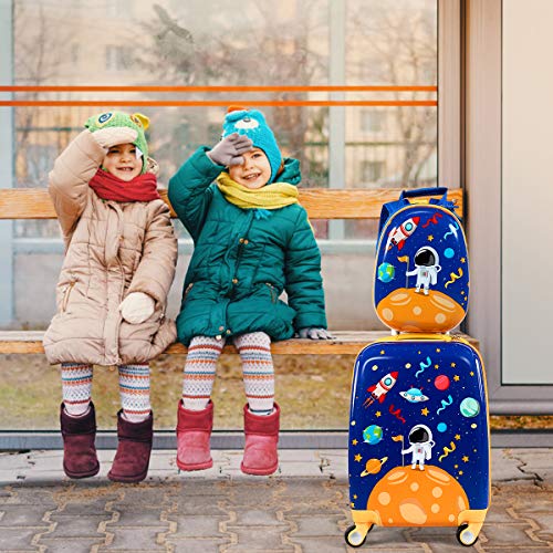 HONEY JOY Kids Luggage, 12" Toddler Backpack & 18" Travel Suitcase with Wheels, Lightweight Toddler Suitcase, Durable ABS Hardshell, 2Pcs Carry On Luggage Set for Boys Girls, Blue Astronaut