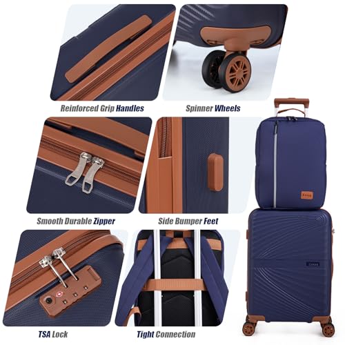 Eeeza Carry On Luggage Set 22x14x9 Airline Approved Luggage Sets 3 Piece,Suitcases with Wheels,ABS Hard Case Luggage with TSA Lock Spinner Wheels(20 Inch,BP/TB)