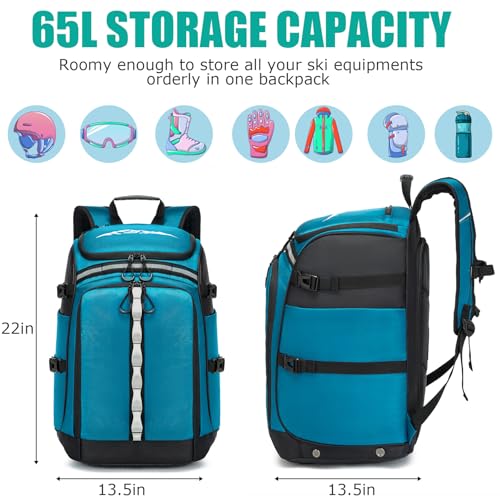 BISKLNDN Ski Boot Bag, 65L Ski Boot Travel Backpack for Ski Helmet, Goggles, Gloves, Skis, Snowboard & Accessories, Waterproof Ski Bag
