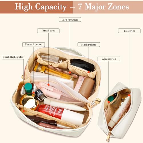 CLOUDWINGS Birthday Gifts for Women Teen Girl, Personalized Initial Makeup Organizer Bag Set, Open Flat Travel Cosmetic Bag With Clear Divider and Handle(Beige,A)