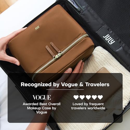 July Vanity Cosmetic Case - Stylish Travel Makeup Bag for Women with Removable Wet Pouch, Upright Bottle Design, Clear Top Pocket, Leather Handle, Travel Essentials, Toiletry Organizer - Light Brown