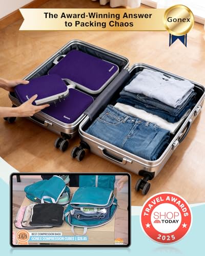 Gonex Compression Packing Cubes, 4pcs Expandable Storage Travel Luggage Bags Organizers (Purple)