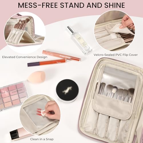 Travel Makeup Bag Women's Large Capacity Cosmetic Portable Organizer Large Opening Waterproof Storage Toiletry Bags Vertical Free-Standing Brush Holder for Easy Access Pink