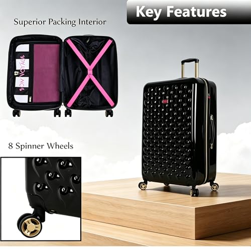 Betsey Johnson Luggage Hardside 3 Piece Set Suitcase With Spinner Wheels (20" 26" 30") (One Size, Flamingo Strut)… (Heart to Heart Black - 2)