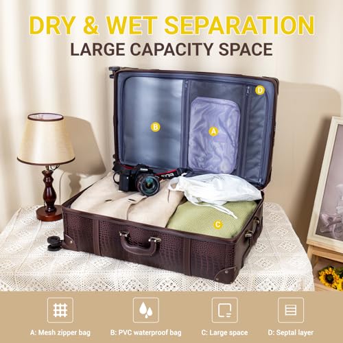 NZBZ Vintage Luggage Sets for Women, PU Leather Retro Suitcase, Vintage Trunk Luggage, Vintage Suitcase Set (Brown Crocodile-embossed, 20inch & 24inch & 28inch)
