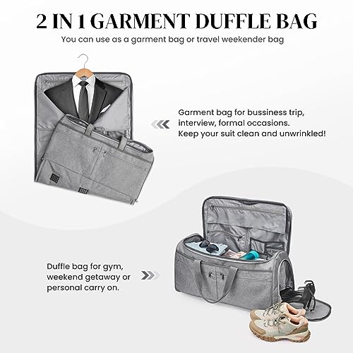 S-ZONE 50L Convertible Travel Garment Bag Carry on Garment Duffel Bag for Men Women 2 in 1 Hanging Suitcase Suit Business Travel Bag, Grey, Travel Garment Bag