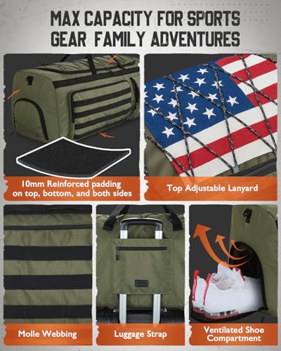 Gonex 130L Extra Large Duffel Bag for Men, Heavy Duty 3 in 1 Convertible Carry Travel Duffle, with Shoe Compartment, Tactical Loops, Sports Gear Bag for Family Trips (Army Green)