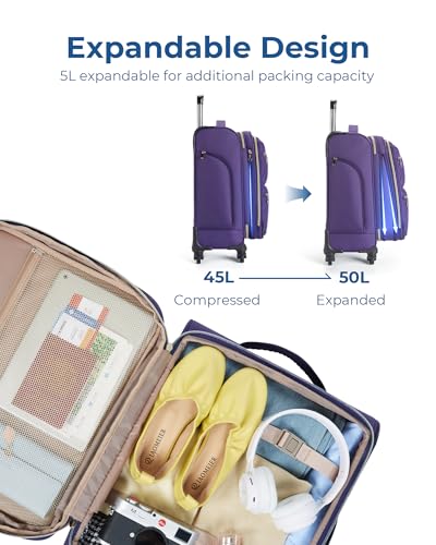 BAGSMART Softside Expandable Luggage Airline Approved with Spinner Wheels, 20 Inch Carry On Luggage 22x14x9 with TSA Lock, Quilted Rolling Suitcases for Women, Purple