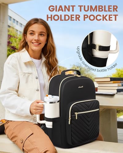 LOVEVOOK Laptop Backpack for Women with Giant Tumbler Holder 15.6 inch,Designer Travel Backpack Laptop Bag College Backpack,Quilted Work Nurse Teacher Backpack Purse Computer Bag Casual Daypack, Black