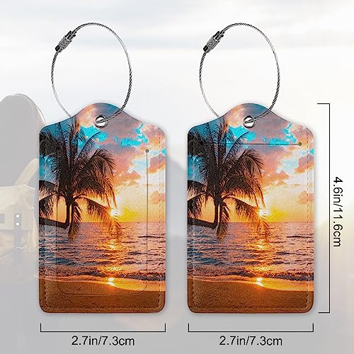 Tropical Palm Luggage Tags Set of 2 Leather Luggage Tags Privacy Cover Suitcase Label with Stainless Steel Loop for Women/Men Travel,Sunset Trees Sea Beach