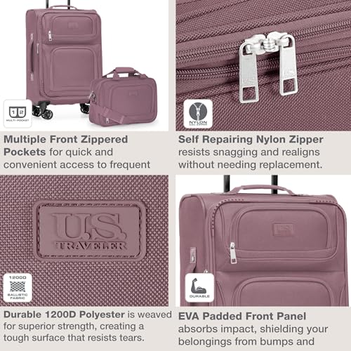 U.S. Traveler Rio Lightweight Softside Rolling Carry-on Suitcase, 4-Wheel Single, Mauve