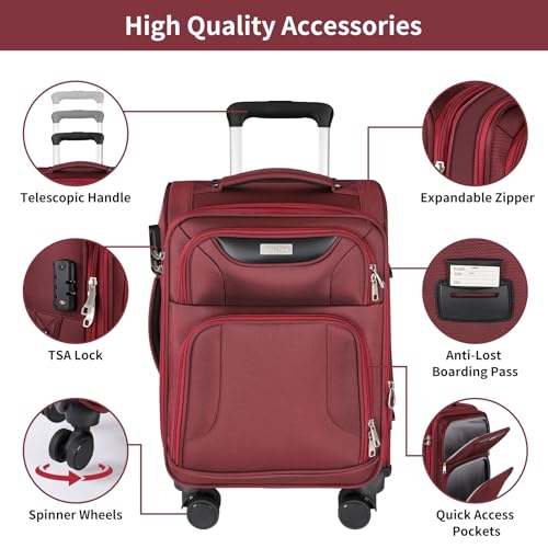 WireHot 3-Piece Softside Expandable Luggage Set with Front Open Pocket, Lightweight and Durable Oxford Fabric Suitcase Set with TSA Lock (Burgundy Wine Red, 20in/24in/28in)