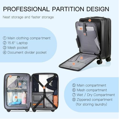Kmvazcd Carry On Luggage Airline Approved, 20 Inch Expandable PC Hardside Lightweight Suitcases with Spinner Wheels and TSA Lock