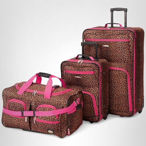 Rockland Vara Softside 3 Piece Upright Luggage Set, Expandable, (20"/28"/22" Rolling Duffel), Pink Leopard