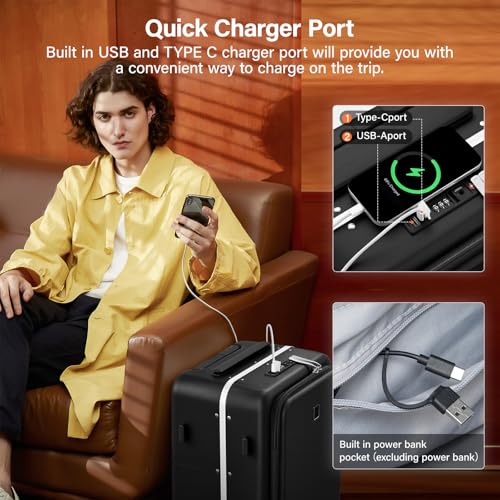 Hanke 28 Inch Checked Luggage with Cup Holder and USB Ports, Top Opening Hard Shell Suitcase with Wheels, Aluminum Frame Large Trunk Luggage with Foldable Divider & TSA Lock for Travel, Jet Black