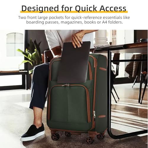 LARVENDER Luggage Sets 5 Piece Softside Expandable Suitcases Set with Spinner Wheels TSA Lock, Lightweight Soft Shell Rolling Travel Luggage Set Clearance for Men and Women, Green Brown