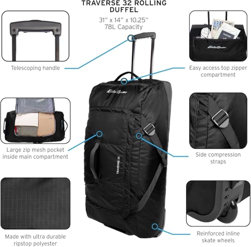 Eddie Bauer Traverse Luggage | Roller Wheels | Telescoping Handle | Travel | Vacation | Ripstop Nylon - Medium Indigo, 31"