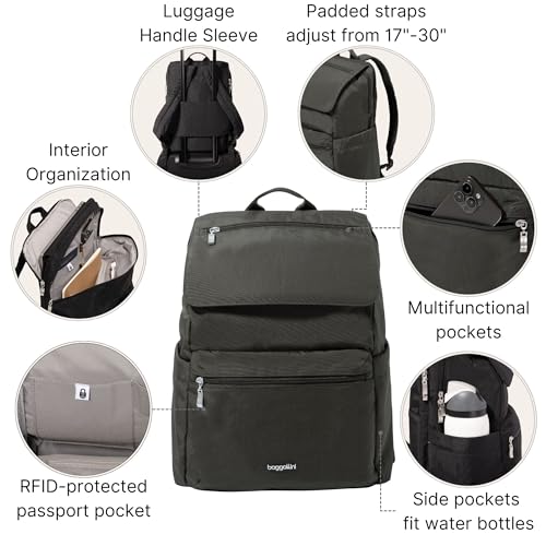 Baggallini Flap Laptop Backpack - 15"x11" Lightweight Work Travel Bag w/Luggage Sleeve & RFID