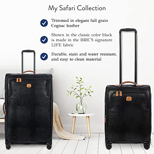 Bric's My Safari Spinner Suitcase, Airline Approved Lightweight Expandable Leather Shell Luggage with Smooth 360° Wheels and TSA Lock - 21 Inch, Black