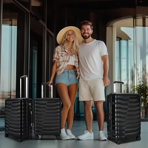 WireHot Lightweight Luggage with Spinner Wheels & YKK Zipper, Hard Shell 3-Piece Suitcase ABS+PC Hardside Luggage Set with TSA Lock for Men Travel, Black (20+24+28 inch)