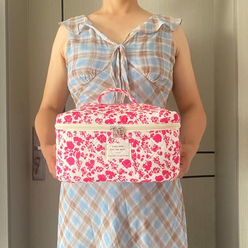 WYJ Rose Red Large Quilted Floral Makeup Bag Cute Soft Coquette Aesthetic Cosmetic Bag Cotton Travel Toiletry Bag for Women