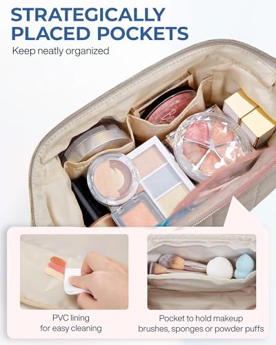 BAGSMART Makeup Bag Travel Toiletry Bag, Puffy Padded Make Up Bags for Women Makeup Organizer Case, Wide-open Pouch Purse Travel Essentials Toiletries Accessories Brushes, Camel