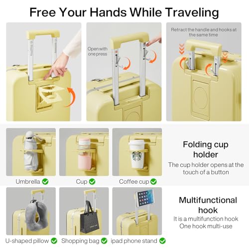 mixi Carry On Luggage with Cup Phone Holder and Charger Hard Shell Suitcases with Spinner Wheels,20 Inch Lark Yellow