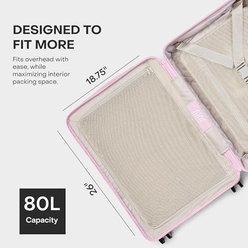 July Checked Expandable - 24.5" Airline Approved Check In Luggage with Wheels, Spinner Suitcase for Men & Women - TSA Lock Rolling Suitcase, Spinner Wheels, Expansion Zip, Y-Strap - Blush Pink