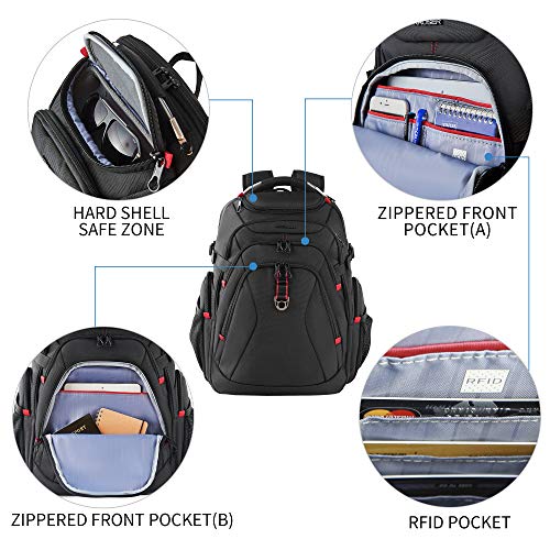 KROSER Travel Laptop Backpack 17.3 Inch XL Computer Backpack with Hard Shell Saferoom RFID Pockets Water-Repellent Business College Daypack Stylish Bag for Men/Women-Black