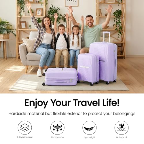 New York XPress 3 Piece Luggage Set w/TSA LOCK,PC Hardside Suitcase Set w/Double Spinner Wheels,Expandable 20%,Luggage Sets,Lightweight Rolling Suitcase for Men/Women（Lavender,20in/25in/29in）