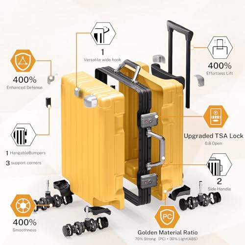 Krute Zipperless Luggage 24 Inch Aluminum Frame Suitcase with Spinner Wheels PC+ABS Hardide Checked Luggage TSA Approved No Zipper Travel Suitcase Yellow