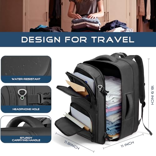 Fxcelets Travel Backpack, Expandable Carry on Backpack for Men, TSA 17.3 inch Laptop Bag Flight Approved, Lightweight Business Luggage Bag, Travel Gifts for Men Women, Black