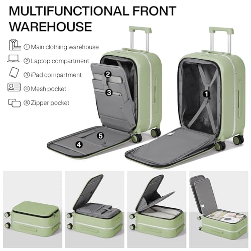mixi Carry On Luggage, 20'' Suitcase with Front Pocket, Travel Rolling Luggage Aluminum Frame PC Hardside with Spinner Wheels & TSA Lock and Cover - Avocado Green