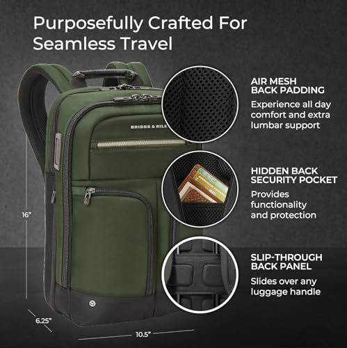 Briggs & Riley Slim Expandable Backpack - Carry On Travel Backpack for Women & Men, Personal Item Bag, Self-Repairing Zippers, Padded Straps, Fits up to 16" Laptop - HTA Collection, Forest