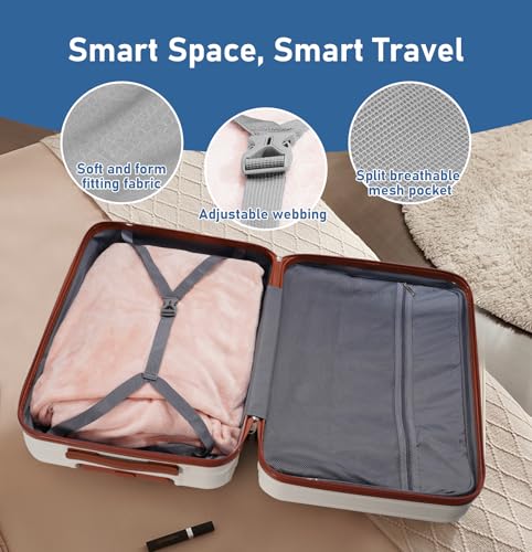 QIMER Carry on Luggage Set, 22x14x9 airline approved 100% PC hardshell, Lightweight TSA Locks Quiet Spinner Wheels Durable Zipper, Travel Luggage for Men Women, Y02 Beige (20"/DB/TB) Slightly Small