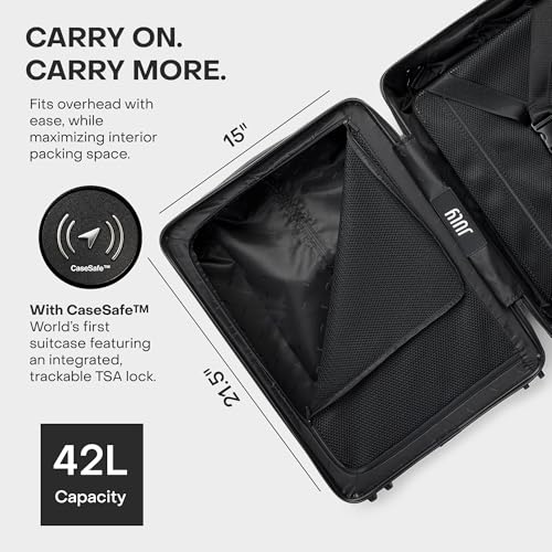 July Carry On with CaseSafe - 20" Built in Tracking, Airline Approved Carry On Luggage with Wheels, Travel Suitcase for Men & Women - Polycarbonate Shell, USB Ports & Ejectable Battery - Moss