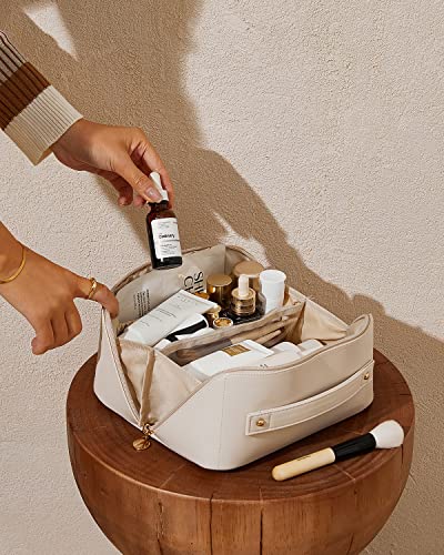 EACHY Travel Makeup Bag, Large Capacity Cosmetic Bags for Women, Waterproof Portable Open Flat Toiletry Bag Make up Bag with Divider and Handle, Christmas Gifts (White, Medium)