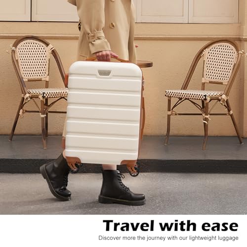 Coolife Luggage 3 Piece Set, Lightweight Durable Hardshell Suitcase set with 360° Spinner Wheels, TSA-approved Lock, Checked Family Travel Luggage sets, 20/24/28 Inch, Apricot White