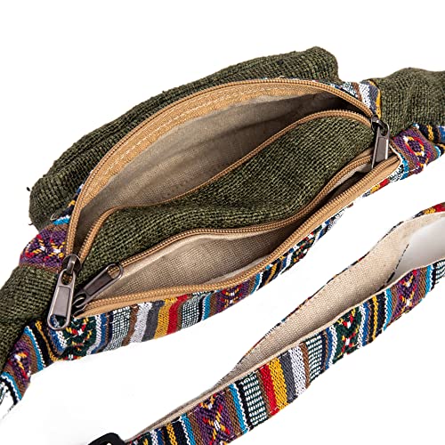 Freakmandu Eco-Friendly Green Boho Hippie Style Hemp Fanny Pack Cross Body Hip Waist Bag for Hiking Running Jogging (Safari)
