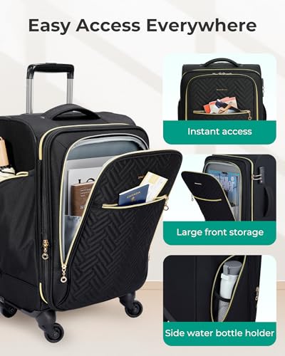 BAGSMART Carry On Luggage 20 Inch,Softside Expandable Suitcase with Spinner Wheels, Luggage 22x14x9 Airline Approved Rolling Lightweight Suitcases for Women Men, Compact Carry-On (Black)
