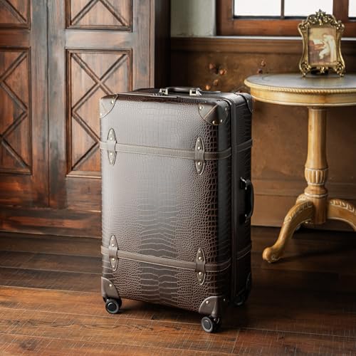 NZBZ Vintage Luggage Sets for Women, PU Leather Retro Suitcase, Vintage Trunk Luggage, Vintage Suitcase Set (Brown Crocodile-embossed, 20inch & 24inch & 28inch)