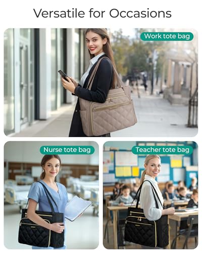 BAGSMART Teacher Tote Bag for Women 15.6in Quilted with Insulated Pocket & Nurse Bag Features (Brown)