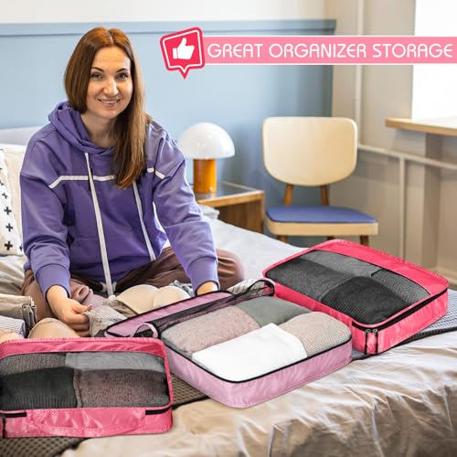 Bulyoou 5 Pcs Packing Cubes for Suitcase Large Travel Cubes Carry on Luggage Organizer Bags for Clothes Accessories(L,Pink)