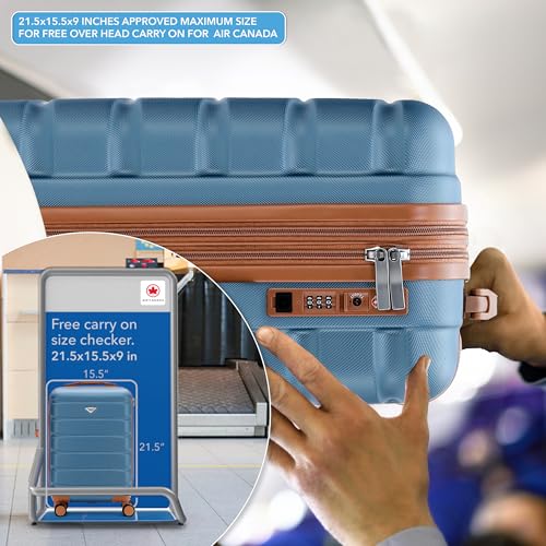Flight Knight 21.5x15.5x9 Expandable Carry On Suitcase Hardside TSA Lock & USB C Port Lightweight Luggage Silent Double Spinner Wheels Maximum Canada Air Overhead Bag Airlines Approved Blue/Tan