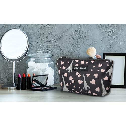 Betsey Johnson 8.5 Inch Zipper Cosmetic Pouch Small Toiletry Bag Lightweight Durable Polyester Organizer with Inner Zipped Pocket Good For Makeup Accessories and Travel Needs (Paris Love)