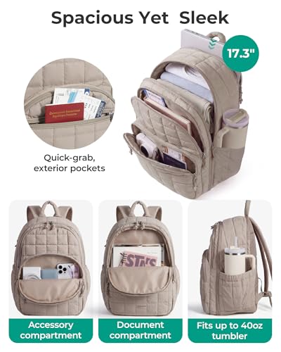 BAGSMART College Laptop Backpack, Travel Backpack for Women, Quilted Airline Approved Carry On Backpack Fits 17.3 Inch Laptop, Personal Item Travel Bag, Camel