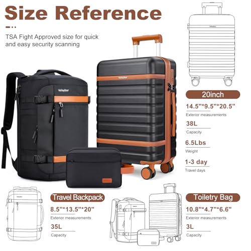 Velaybor Luggage Sets 3 Piece with Spinner Wheels, Lightweight PC Hardside Suitcase with TSA Lock & YKK Zippers, 20 Inch Carry On Luggage with Travel Bag for Men and Women, Black