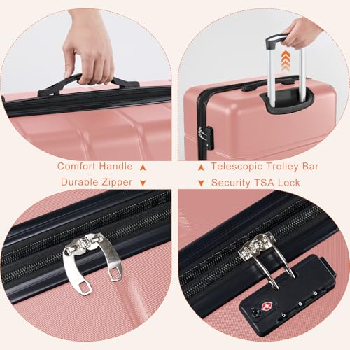 Sweetcrispy 20 Inch Carry On Luggage, Lightweight ABS Rolling Hard Shell Suitcase with Quiet Spinner Wheels, Built-in TSA Lock, Portable Travel Suitcase for Business Trip & Vacation Use, Pink