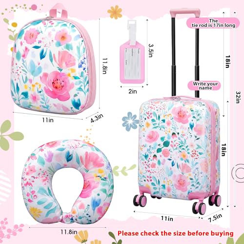 Sanwuta 4 Pcs Kids Luggage Set Carry On Rolling Suitcase Backpack Neck Pillow Travel Set Gift for Girls Boys Summer Camp(18 Inch,Flower Style,Pink Green)